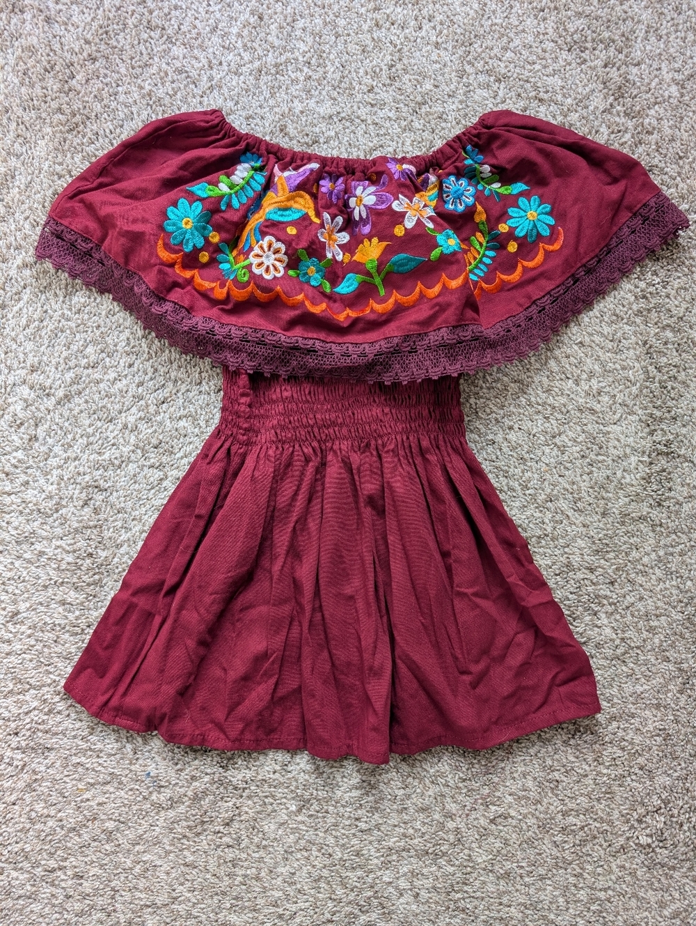 Mexican Burgundy Off-Shoulder Embroidered Floral Top Women's S/M